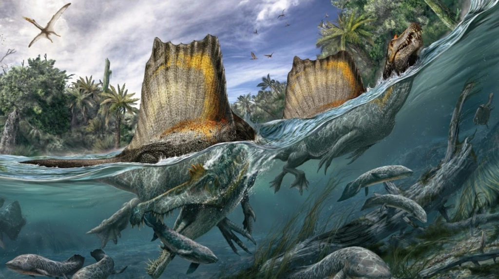 спинозавры ловят рыбу